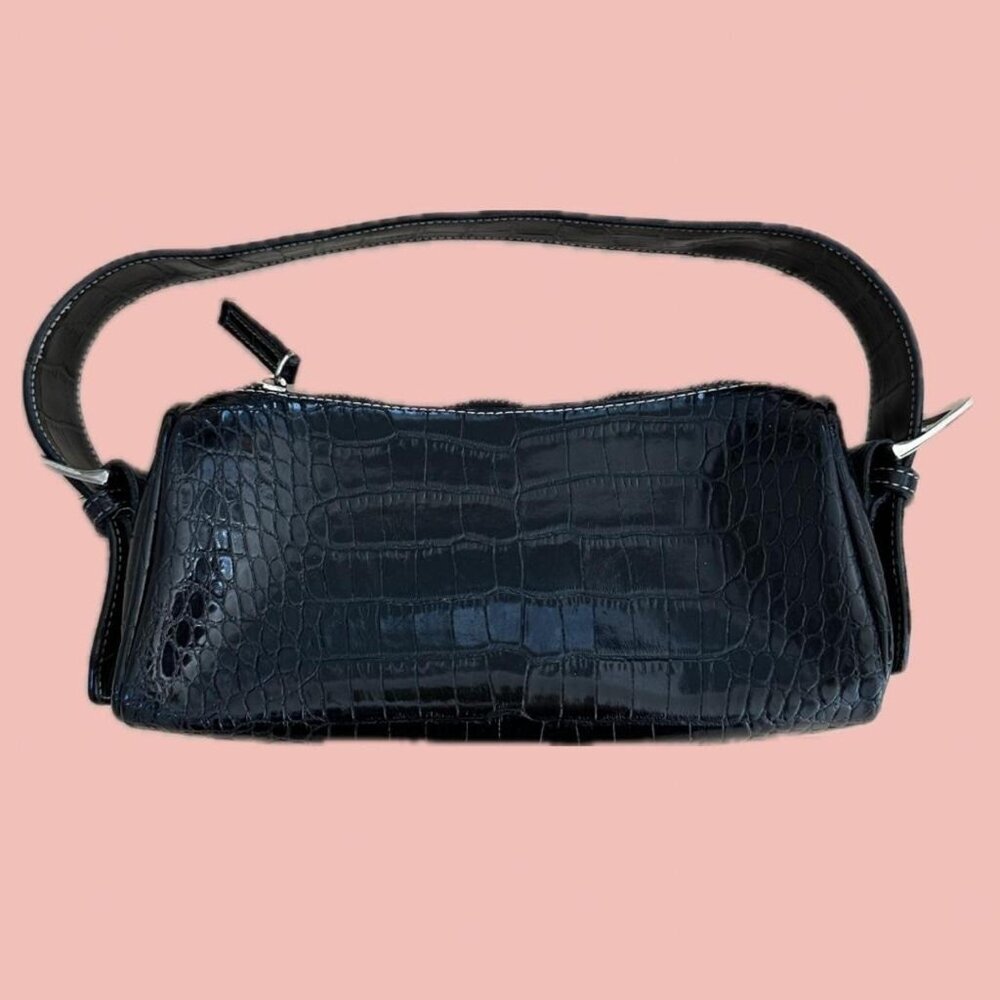 Glossy black croc-embossed patent pleather barrel bag